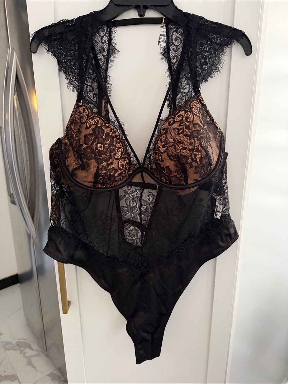 Sheer Black Lace Bodysuit with Nude Lining
